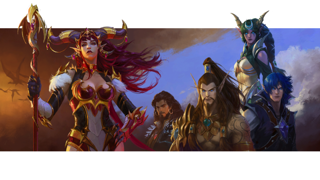 The dragonflight loading screen consisting of the 5 Dragon Aspects in their humanoid visages. Pictured: Alexstrasza dressed in all red. Wrathion dressed in all black. Nozdormu dressed in all bronze. Ysera dressed in all green. Kalecgos dressed in all blue.