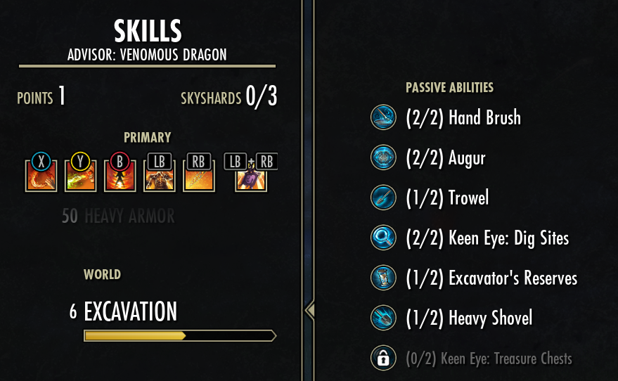A menu screen showing the skills chosen for a player character and details the progress to reach the 7th level in the Excavation skillset. Also lists all player known perks on the right side.