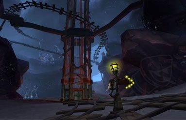 Screenshot from inside the Silvershard Mines Battleground. A yellow lamp post glows in the middle.